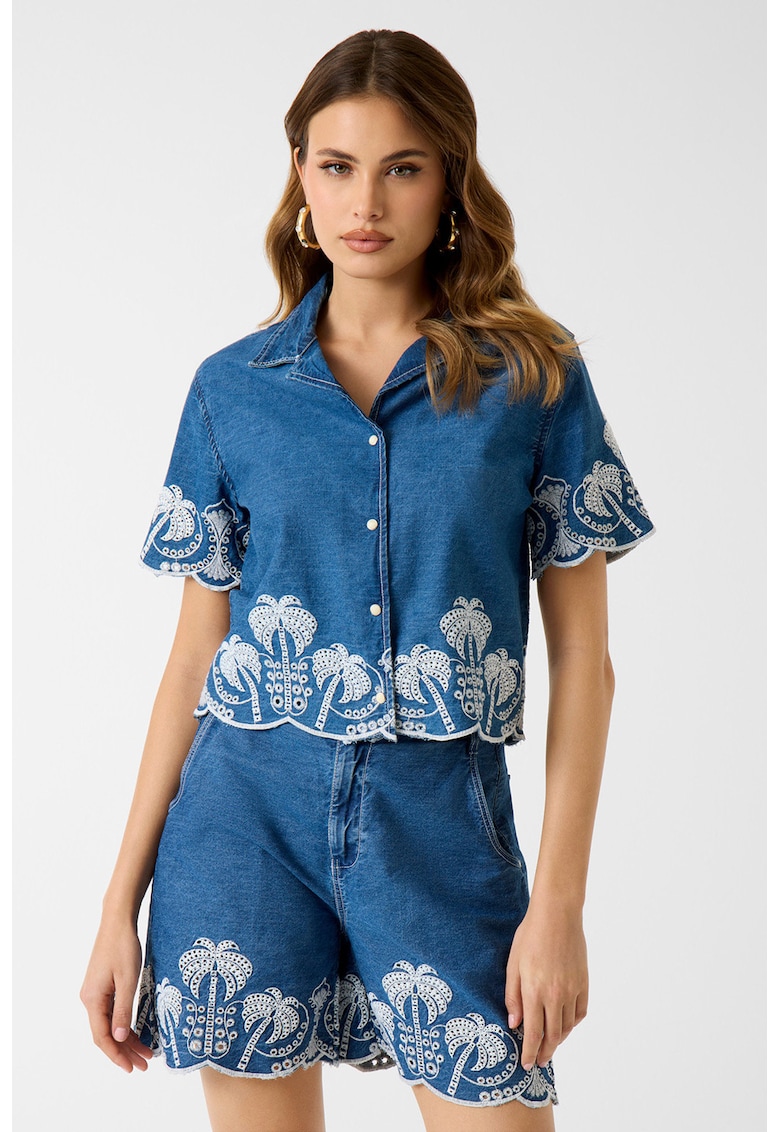 Camasa crop din denim cu broderie - Alb/Albastru