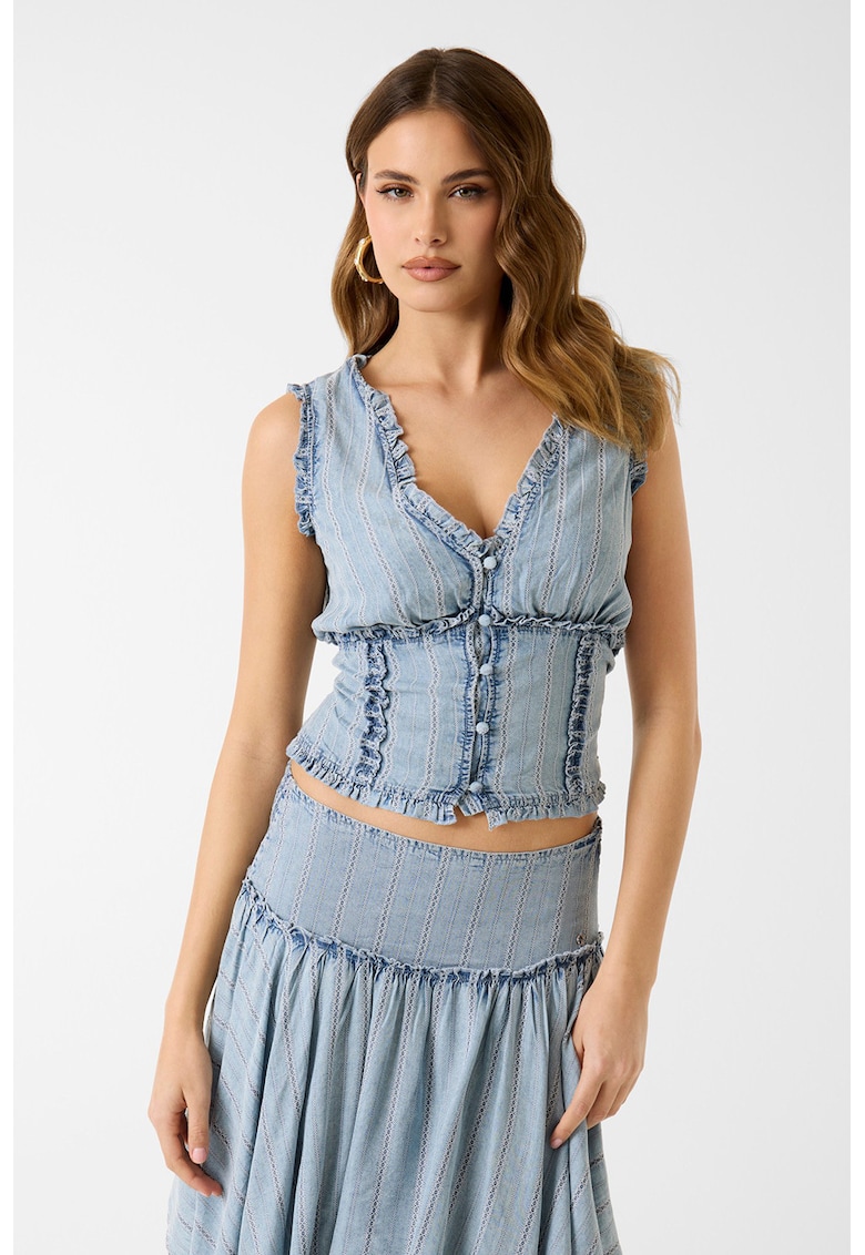 Bluza fara maneci din material chambray - Albastru deschis