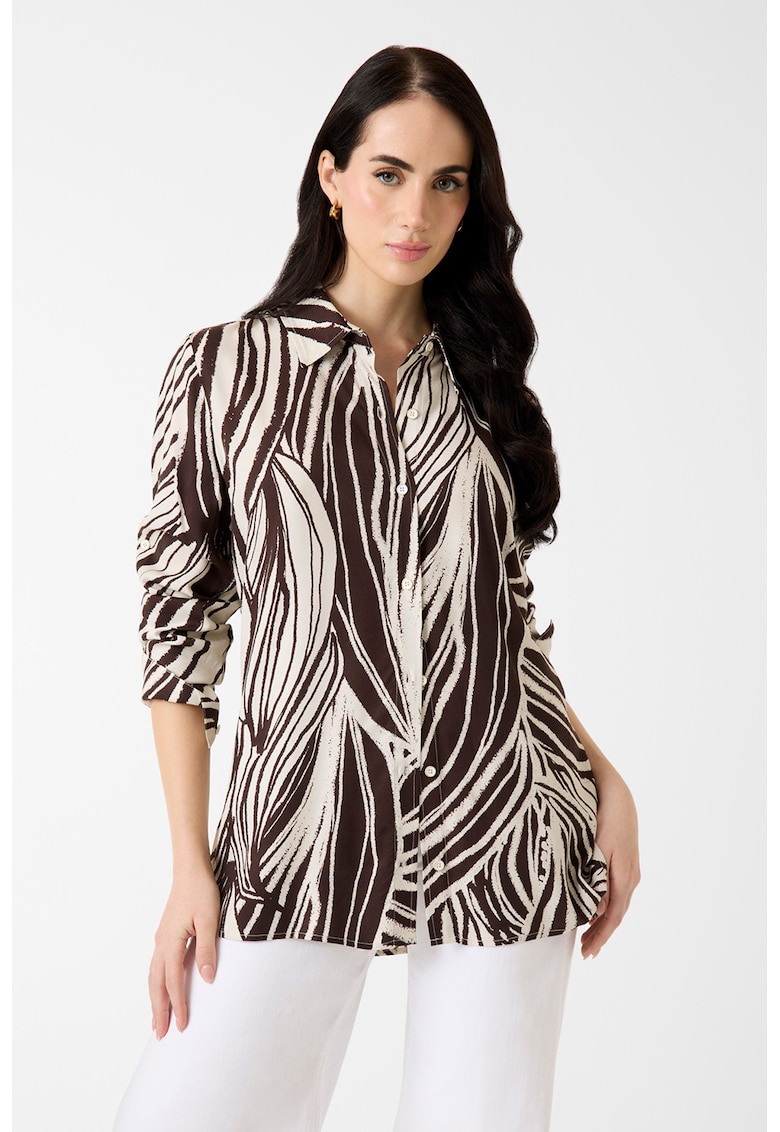 Camasa vaporoasa cu imprimeu si guler clasic - Alb/Maro