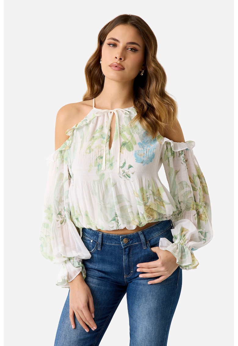 Bluza crop vaporoasa cu imprimeu - Alb/Verde deschis/Albastru deschis