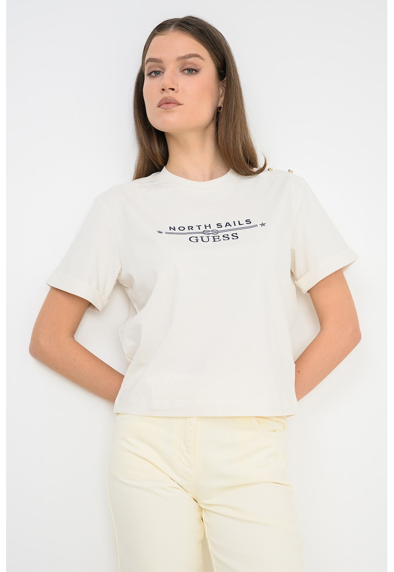 Tricou din amestec de bumbac cu broderie logo - Crem/Bleumarin