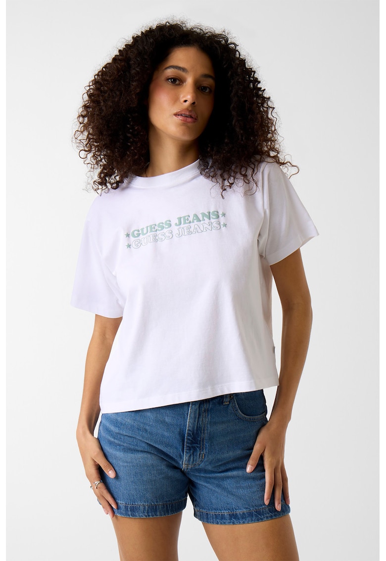 Tricou cu decolteu la baza gatului si logo - Alb optic/Verde menta