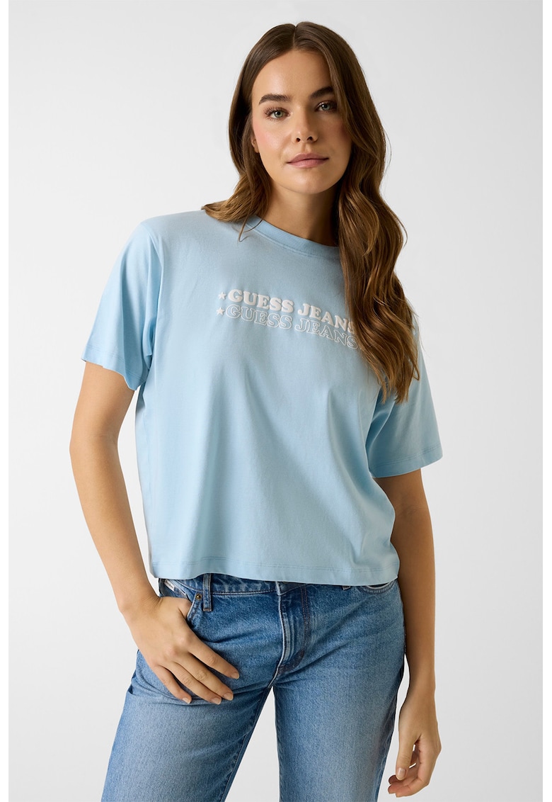 Tricou cu decolteu la baza gatului si logo - Albastru pastel/Alb optic