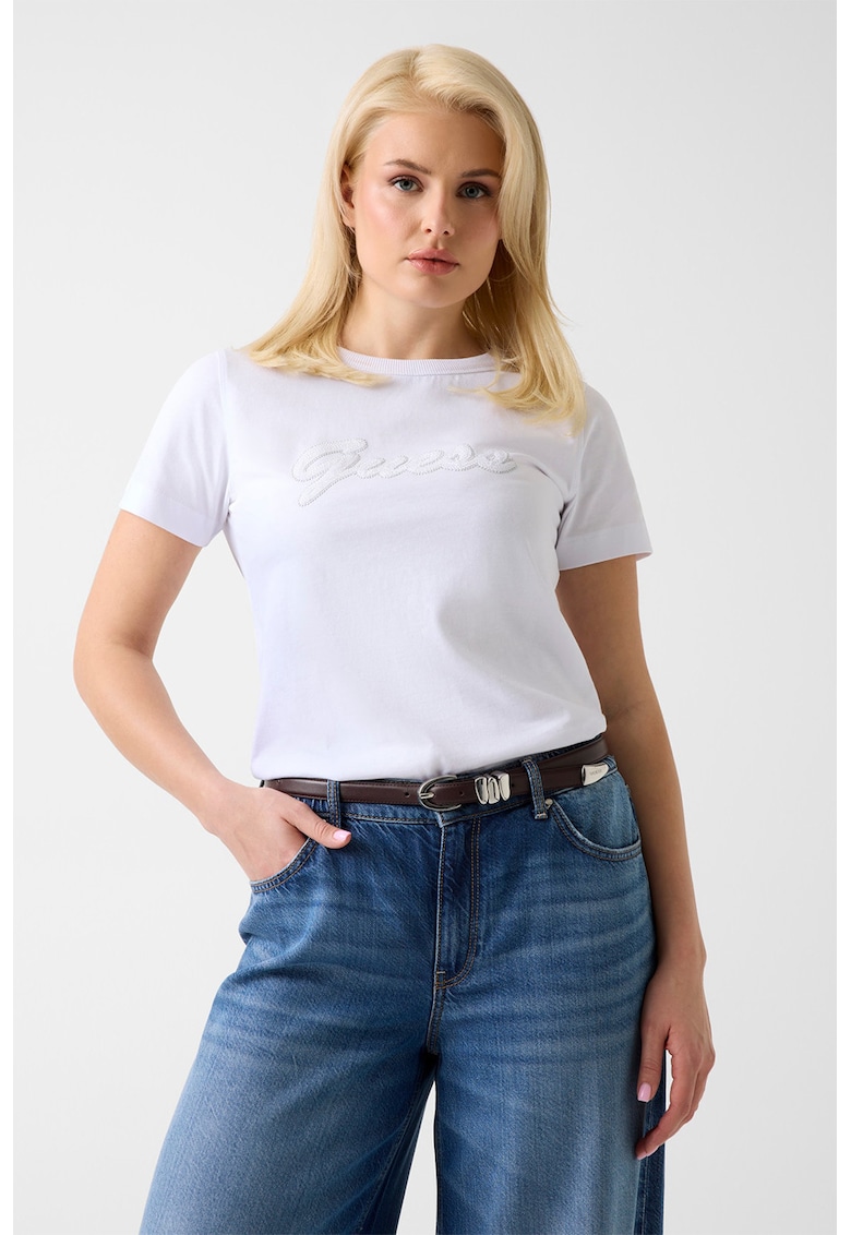 Tricou de bumbac cu logo brodat - Alb optic