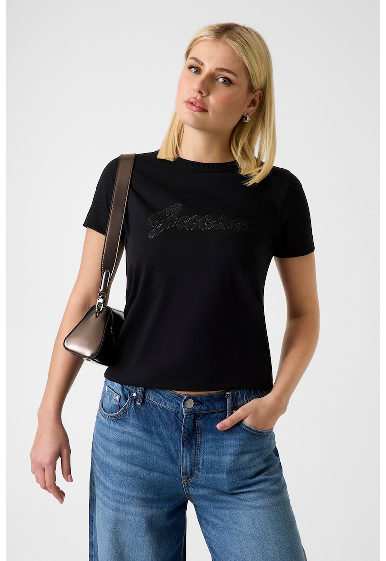 Tricou de bumbac cu logo brodat - Negru