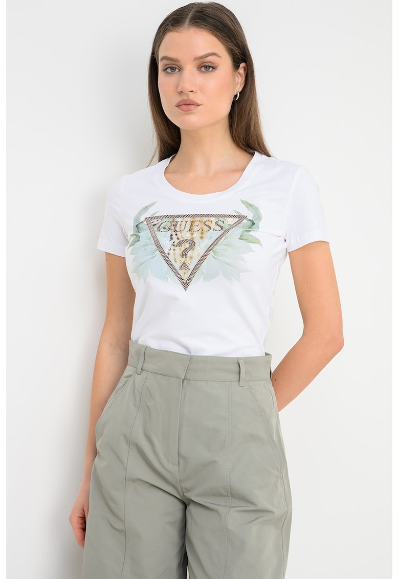 Tricou cu impriemu si decolteu la baza gatului - Alb/Verde