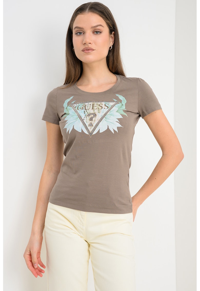 Tricou cu impriemu si decolteu la baza gatului - Albastru pastel/Kaki