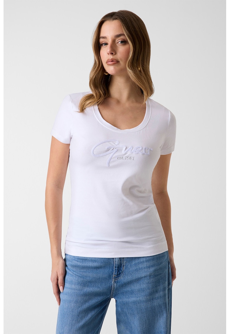 Tricou cu decolteu rotund si logo - Alb