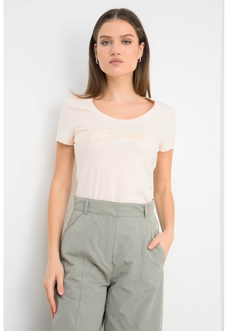Tricou cu decolteu rotund si logo - Piersica