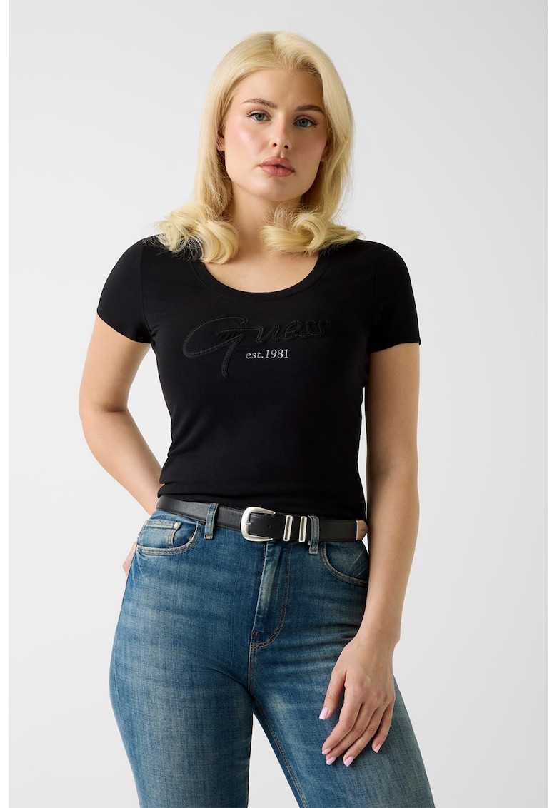 Tricou cu decolteu rotund si logo - Negru