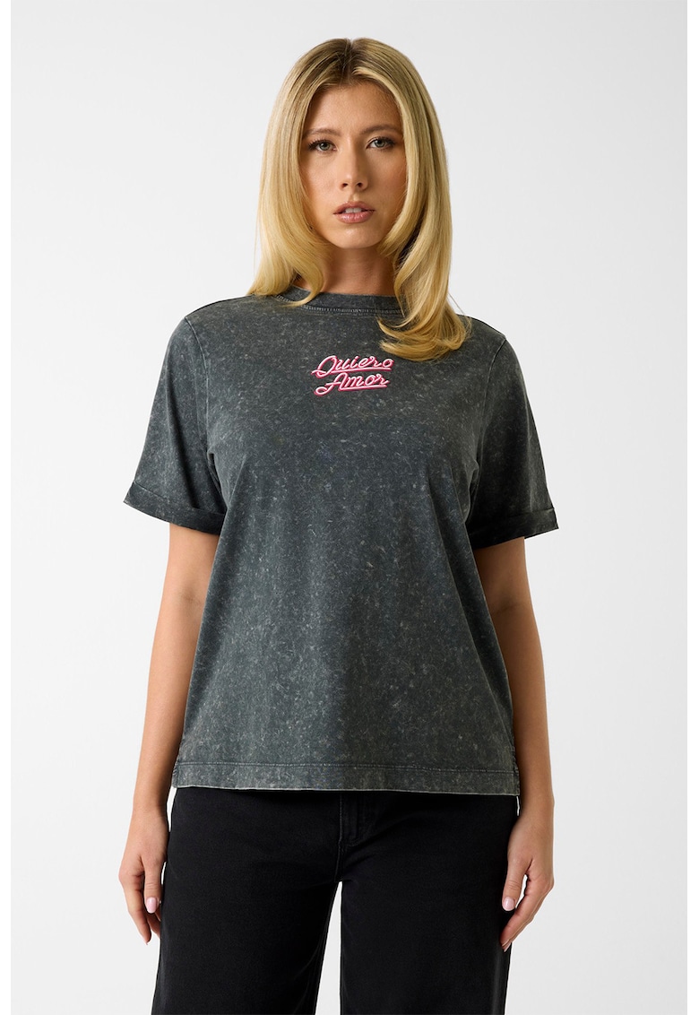 Tricou din bumbac cu imprimeu text - Negru melange/Roz