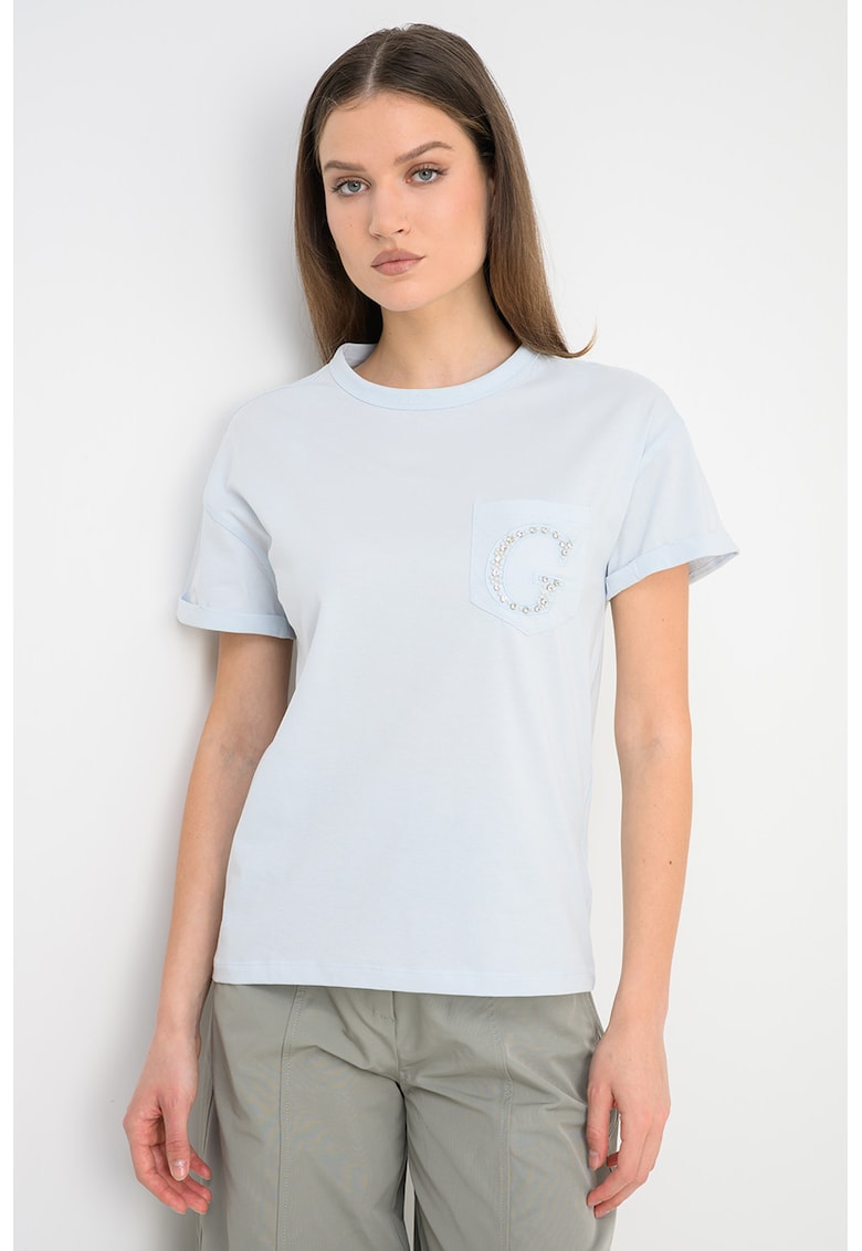 Tricou din bumbac cu buzunar pe piept si aplicatie cu margele - Albastru deschis