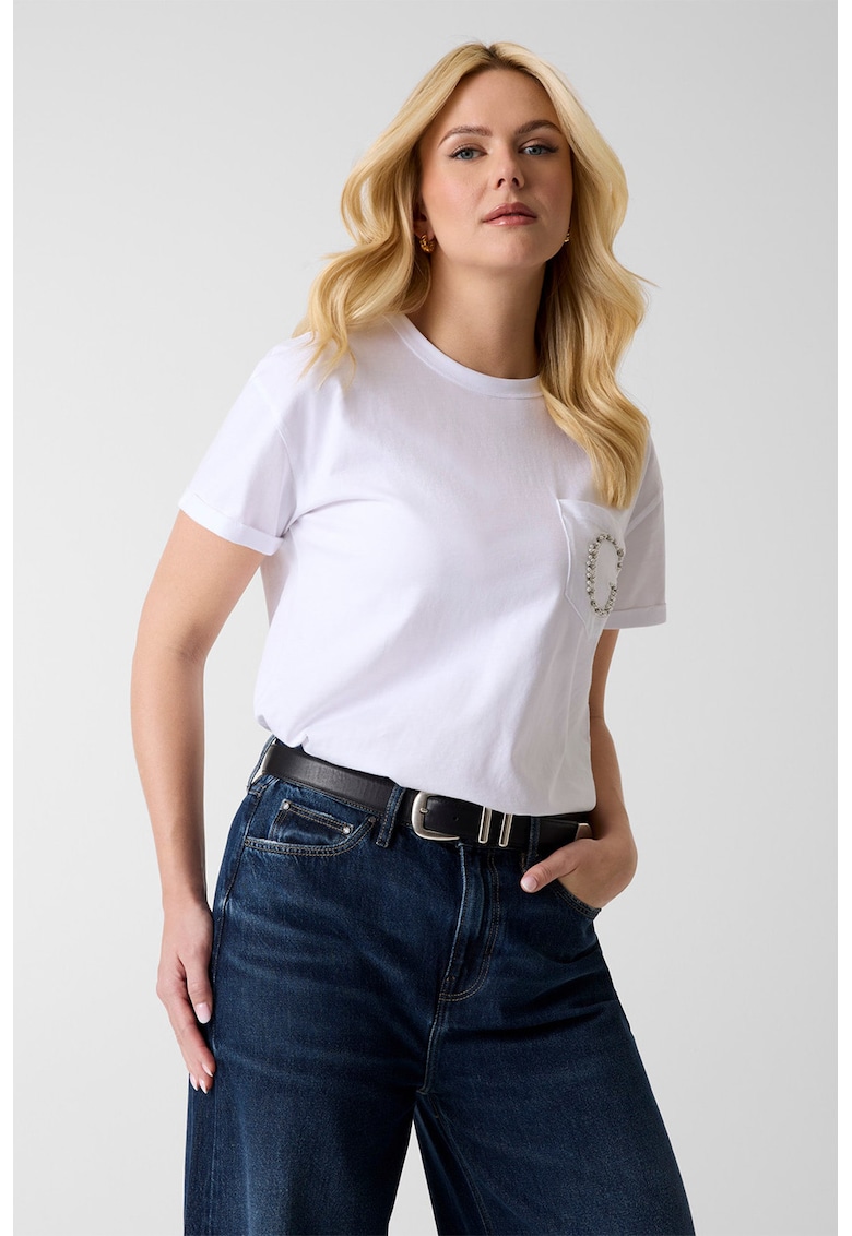 Tricou din bumbac cu buzunar pe piept si aplicatie cu margele - Alb/Argintiu