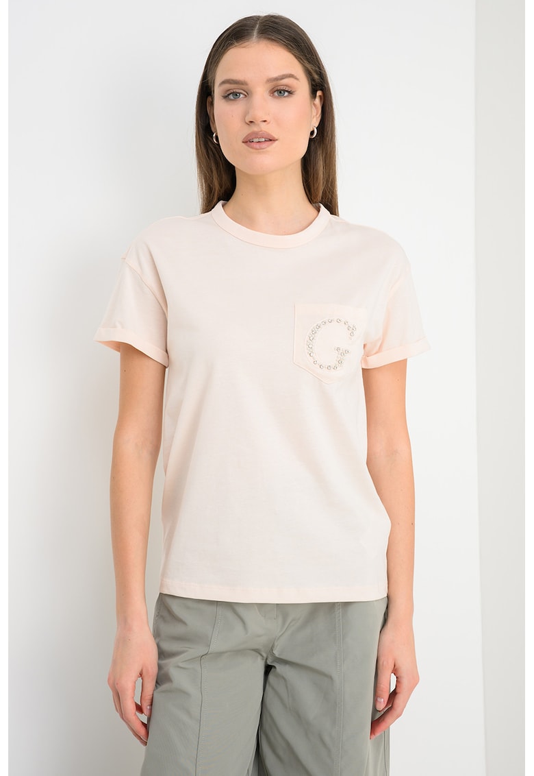 Tricou din bumbac cu buzunar pe piept si aplicatie cu margele - Piersica