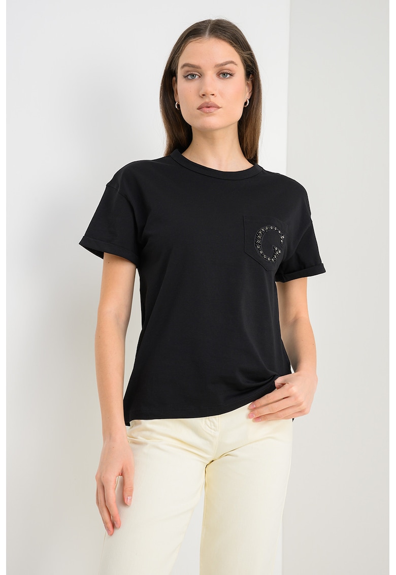 Tricou din bumbac cu buzunar pe piept si aplicatie cu margele - Negru