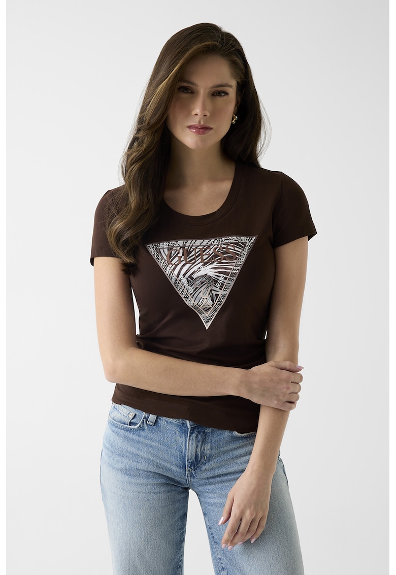 Tricou slim fit cu imprimeu logo si aplicatii de strasuri - Maro inchis