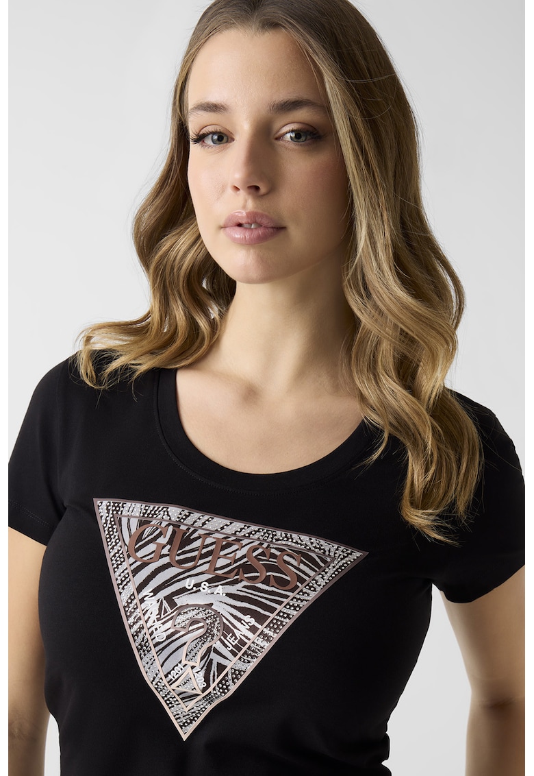 Tricou slim fit cu imprimeu logo si aplicatii de strasuri - Negru