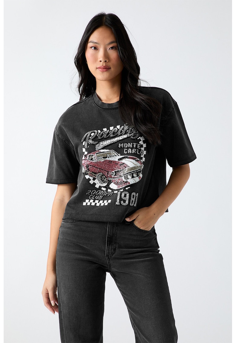 Tricou din bumbac cu imprimeu grafic si text - Rosu/Negru