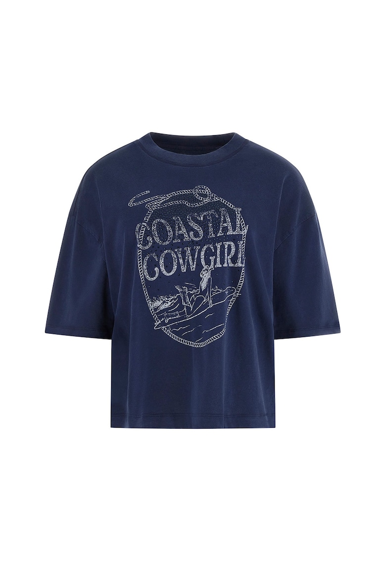 Tricou din bumbac cu imprimeu text si aplicatii cu strasuri - Alb/Bleumarin