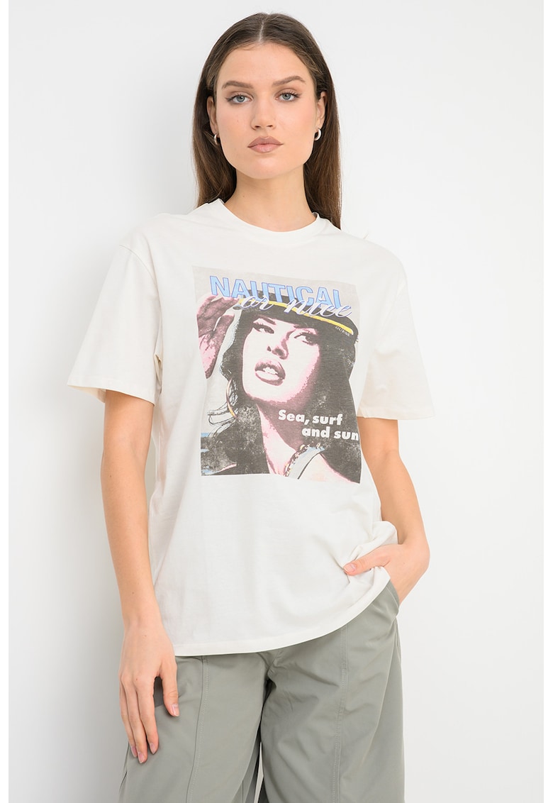 Tricou de bumbac cu model grafic - Alb fildes/Roz/Albastru