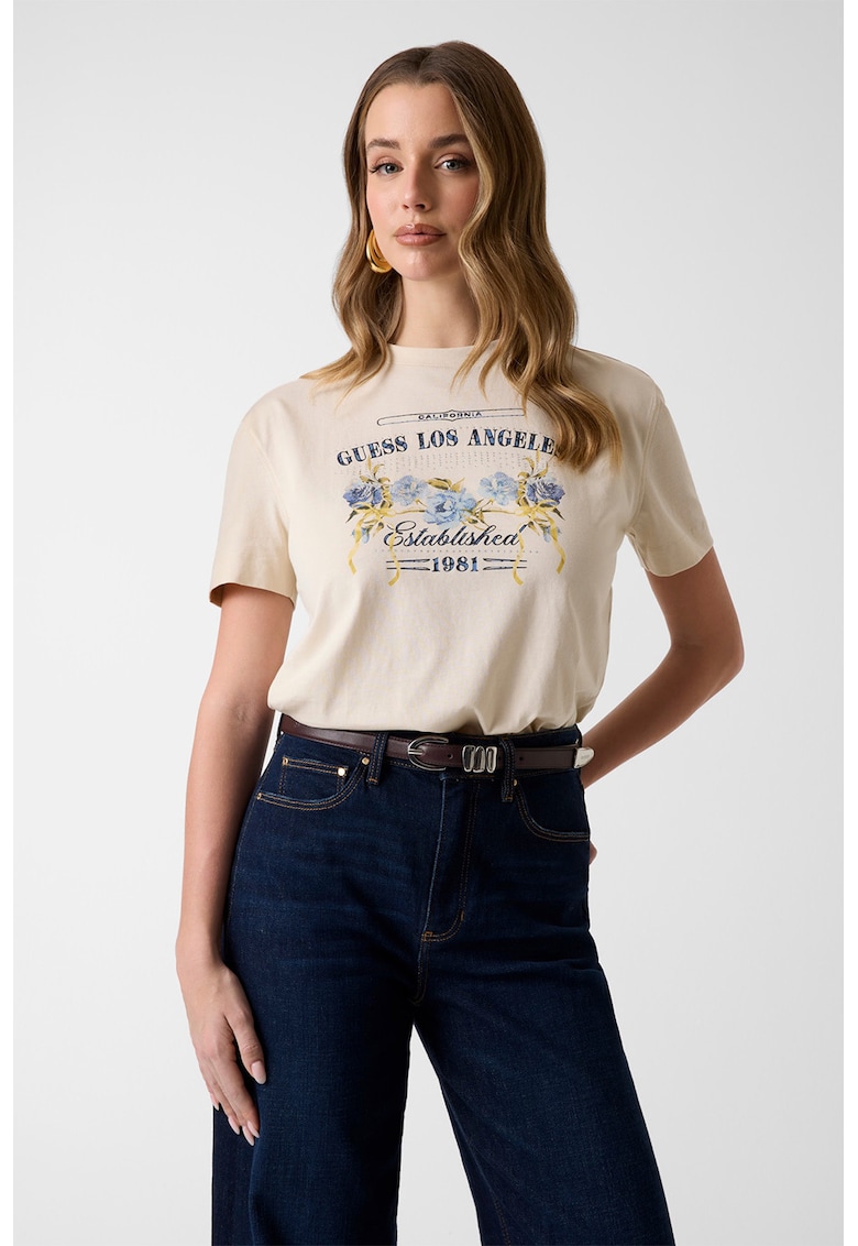 Tricou din bumbac cu imprimeu grafic si logo - Bej