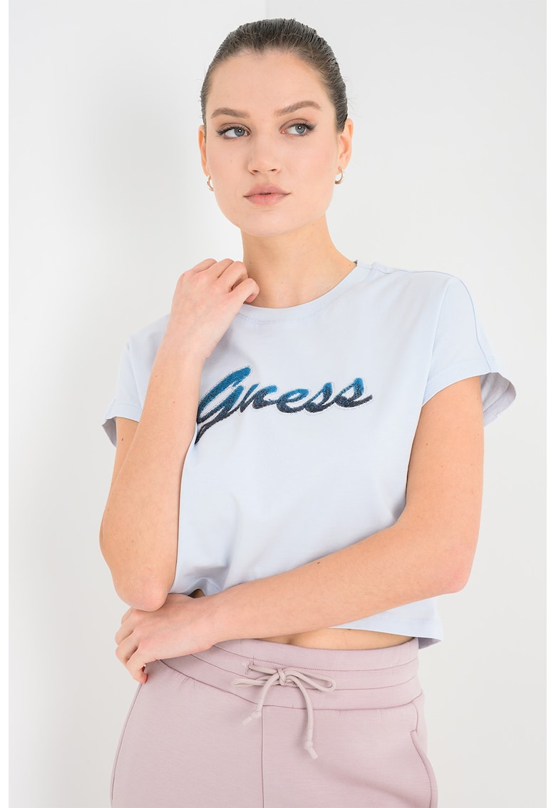 Tricou crop cu aplicatie logo - Albastru glaciar