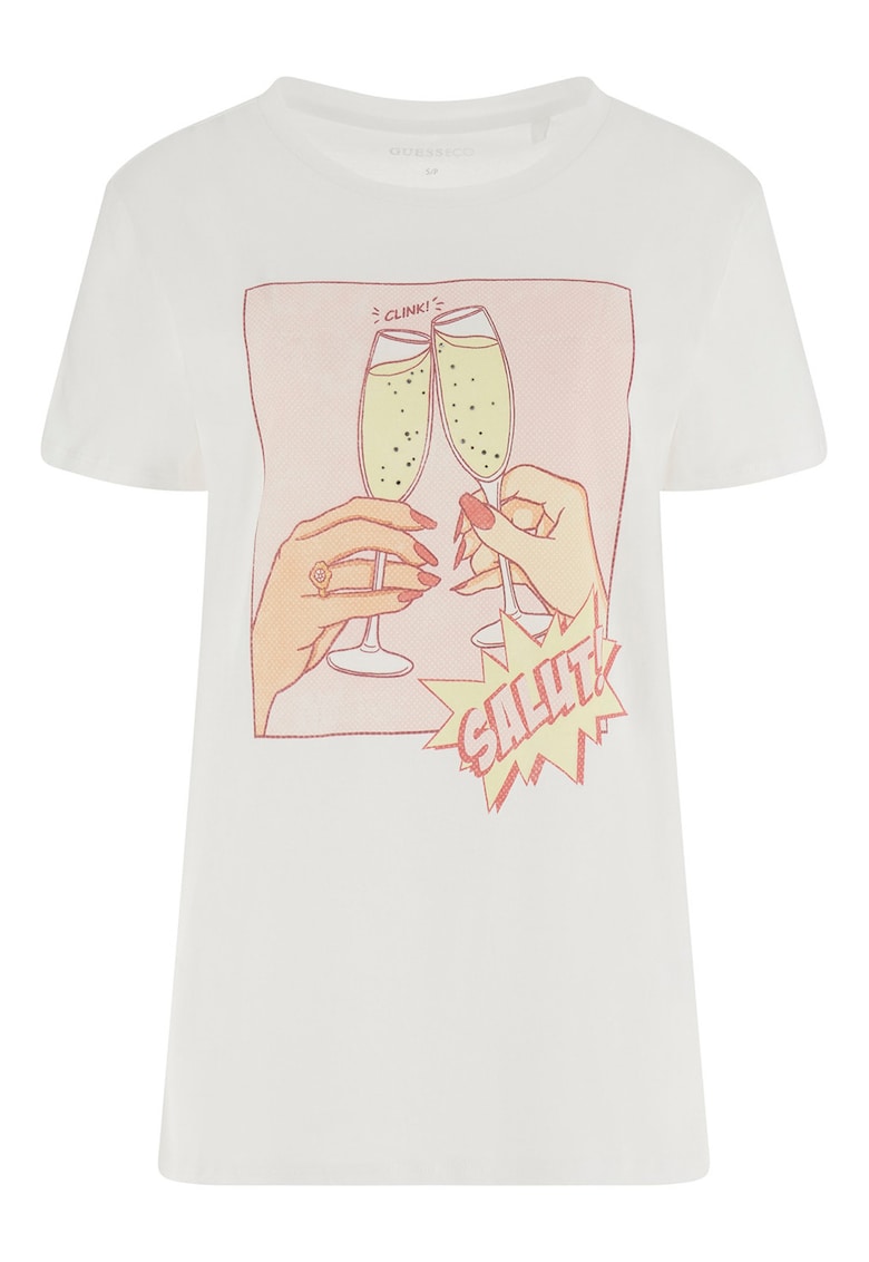 Tricou din bumbac cu imprimeu si aplicatii cu strasuri - Alb/Roz pal