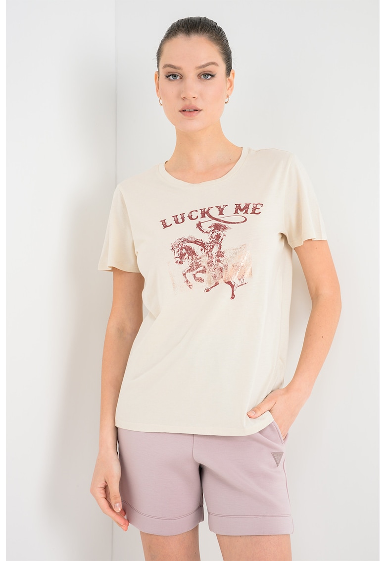 Tricou din bumbac si modal cu imprimeu - Bej deschis