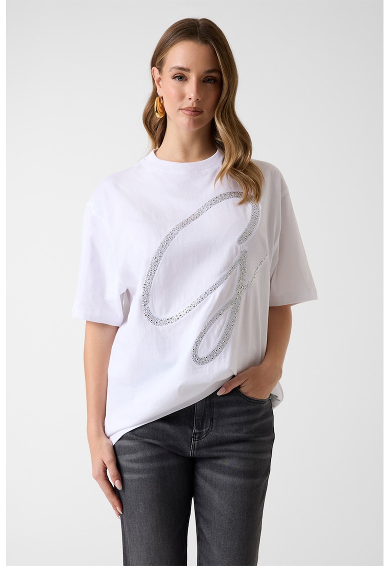 Tricou supradimensionat cu imprimeu monograma si aplicatii din strasuri - Alb optic/Argintiu