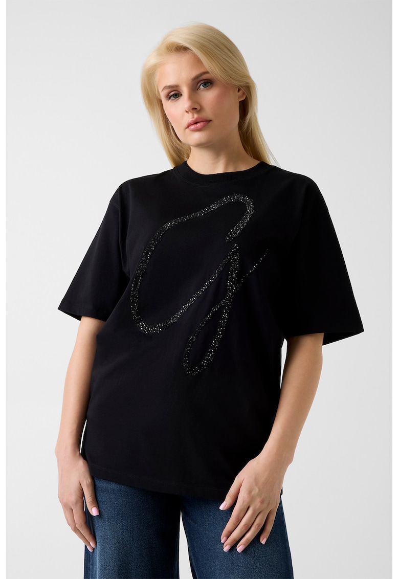 Tricou supradimensionat cu imprimeu monograma si aplicatii din strasuri - Negru/Argintiu
