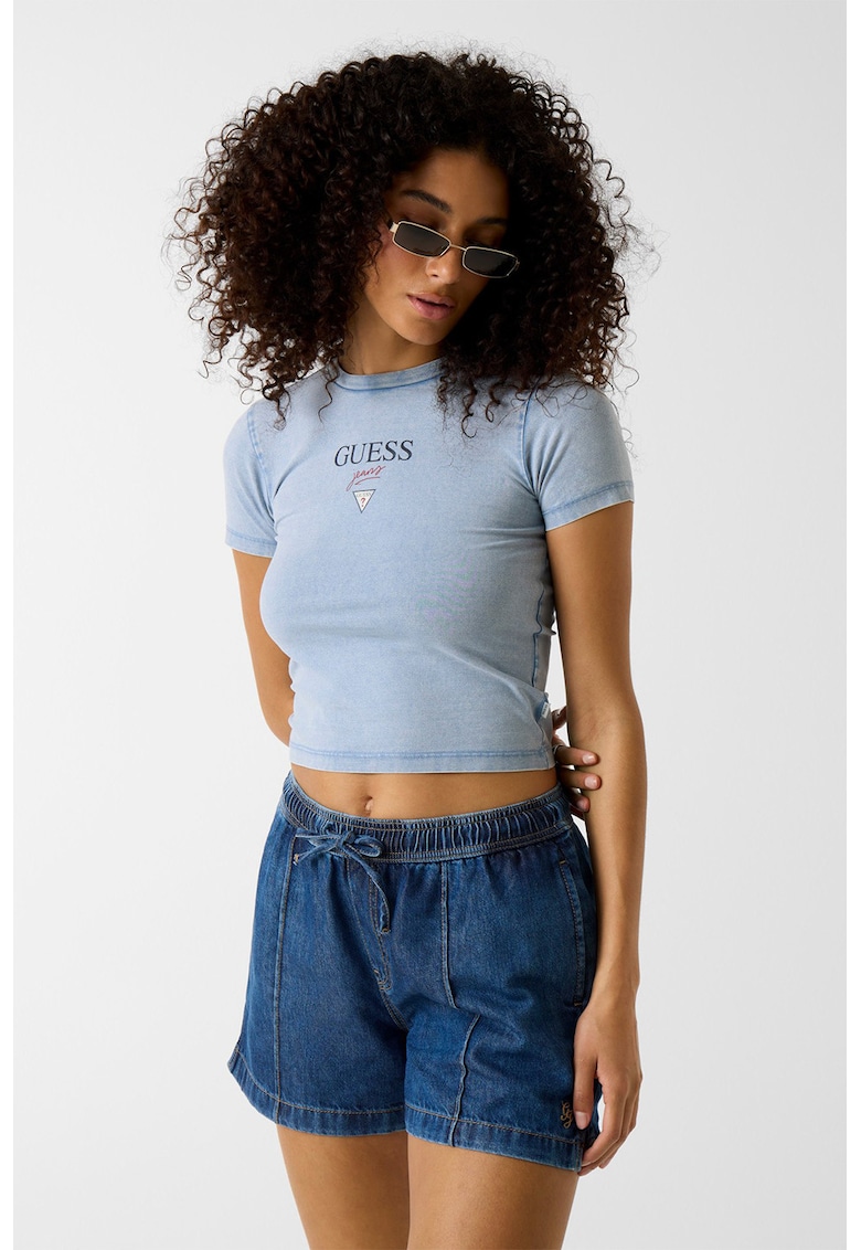 Tricou crop cu croiala slim-fit si logo - Alb/Albastru lavanda/Negru stins