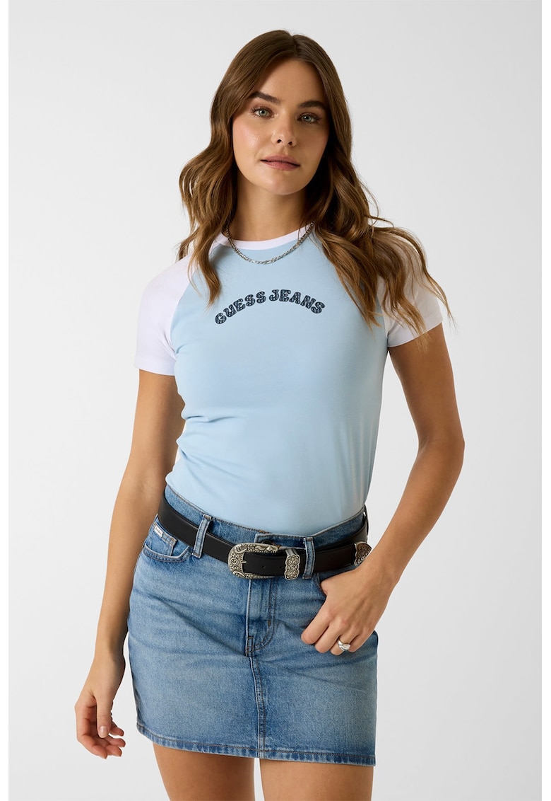 Tricou cu decolteu la baza gatului si maneci raglan - Alb/Albastru azur/Bleumarin
