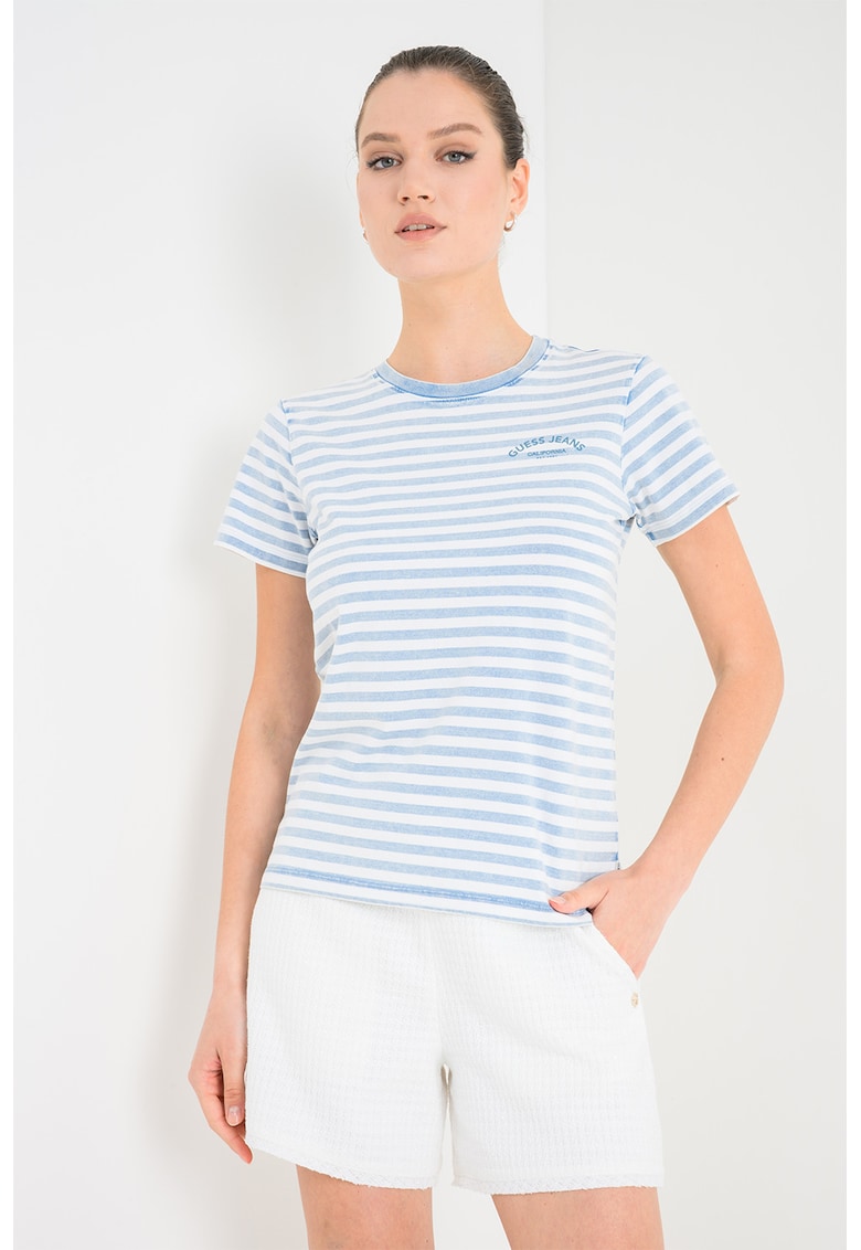 Tricou cu logo brodat discret si dungi - Alb/Albastru deschis
