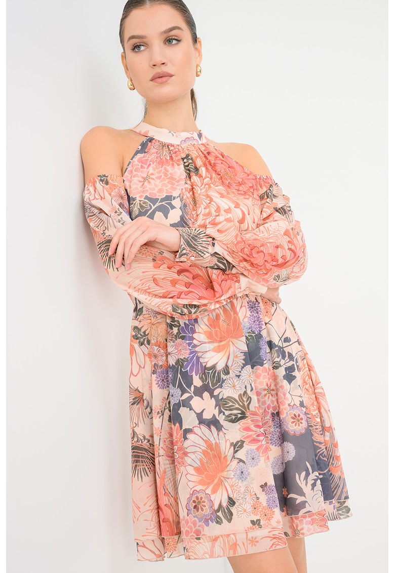 Rochie cu decolteu pe umeri si imprimeu floral - Multicolor