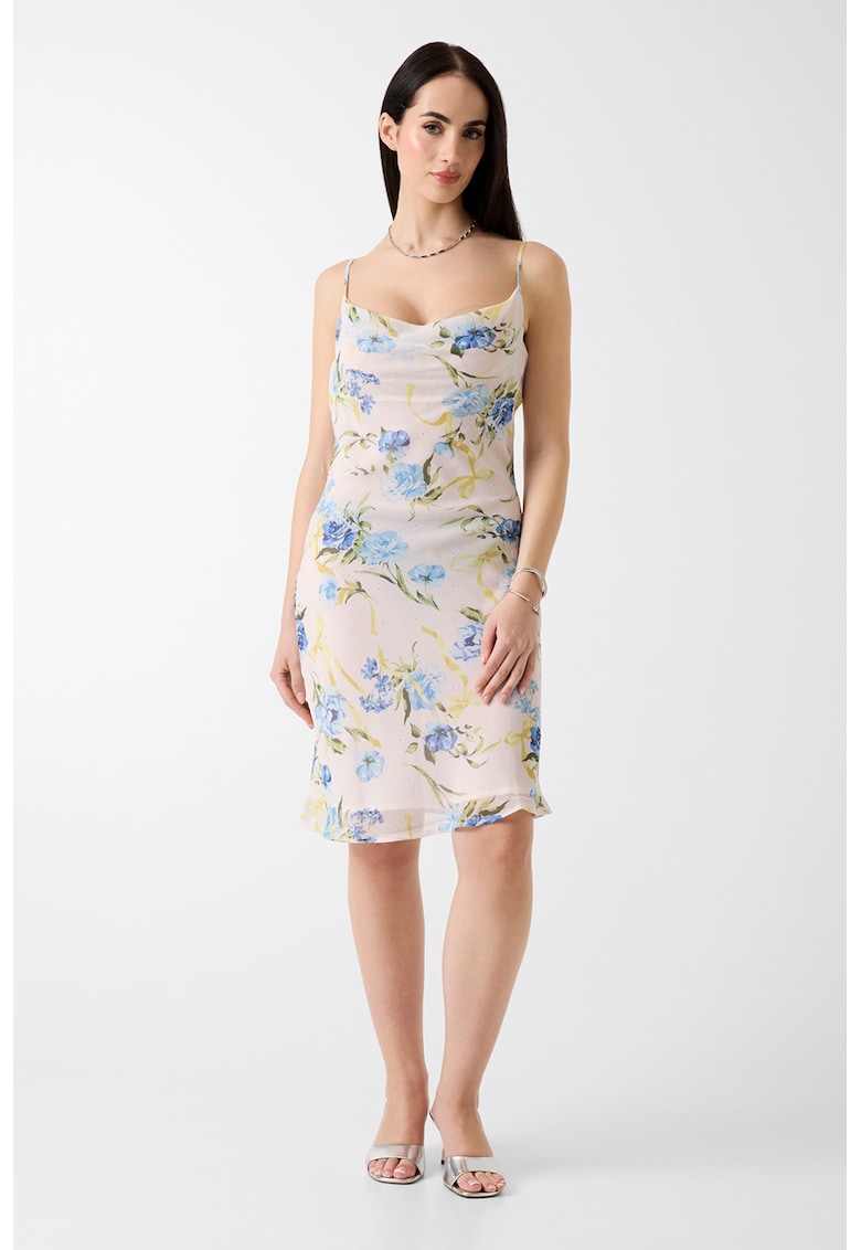 Rochie cu imprimeu floral si decolteu drapat - Albastru/Crem