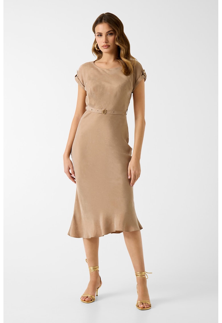 Rochie midi din amestec de lyocell cu croiala pe bie - Maro camel