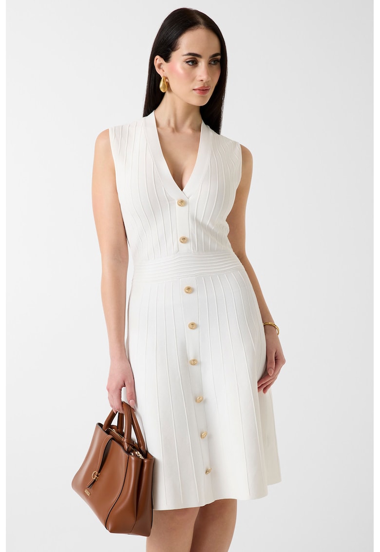 Rochie tricotata fin cu decolteu in V - Alb
