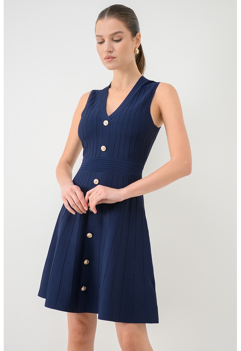 Rochie tricotata fin cu decolteu in V - Bleumarin