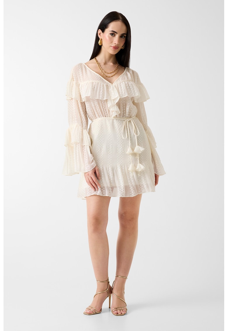 Rochie mini cu volane si canafi - Alb fildes