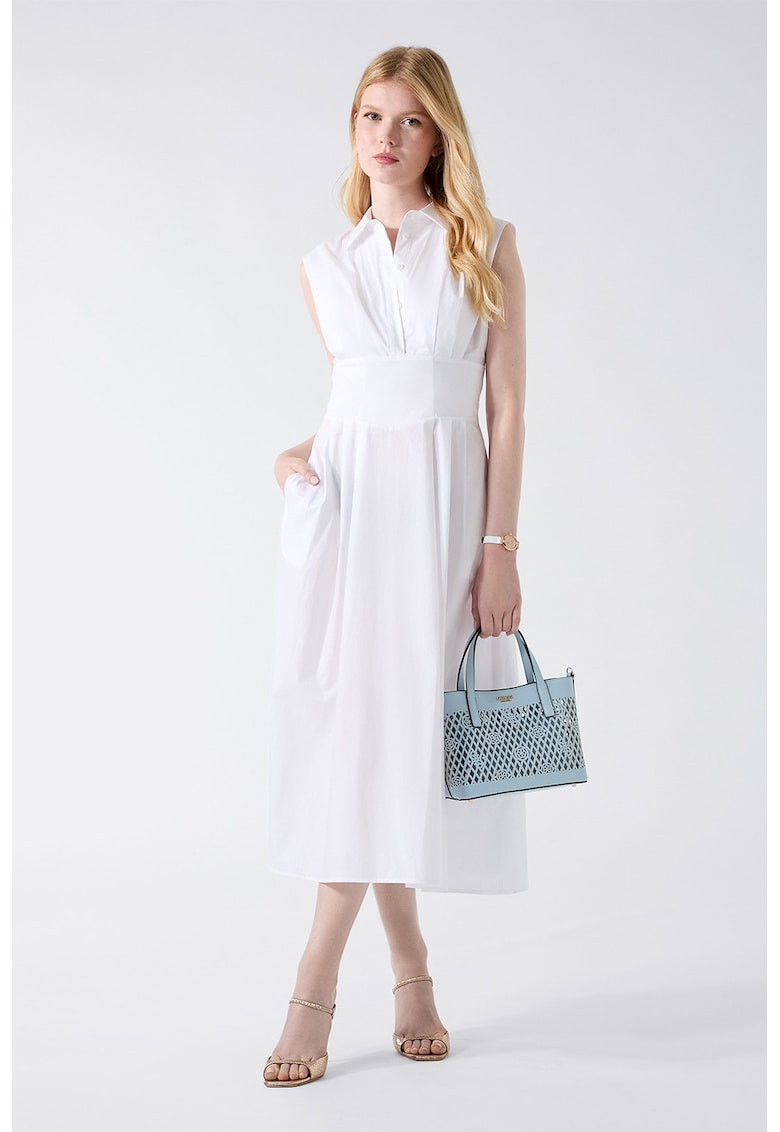 Rochie evazata din bumbac cu model uni - Alb