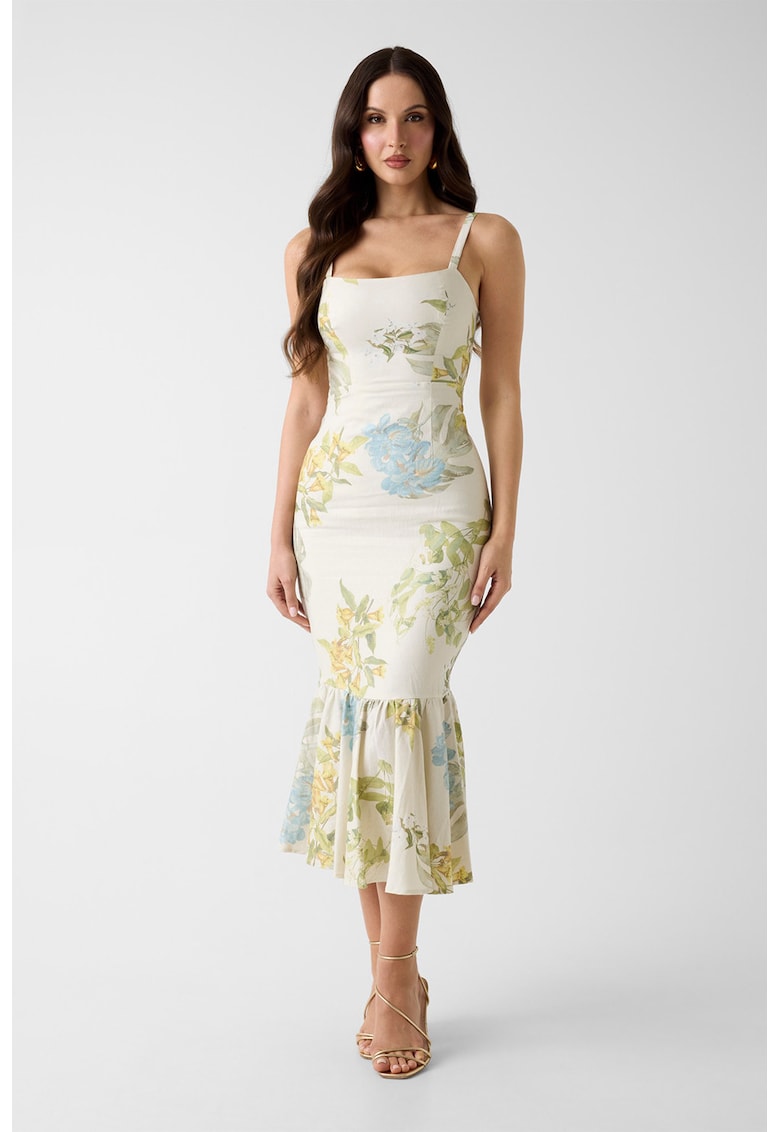 Rochie cambrata cu model floral si terminatie cu volane - Verde pal/Albastru