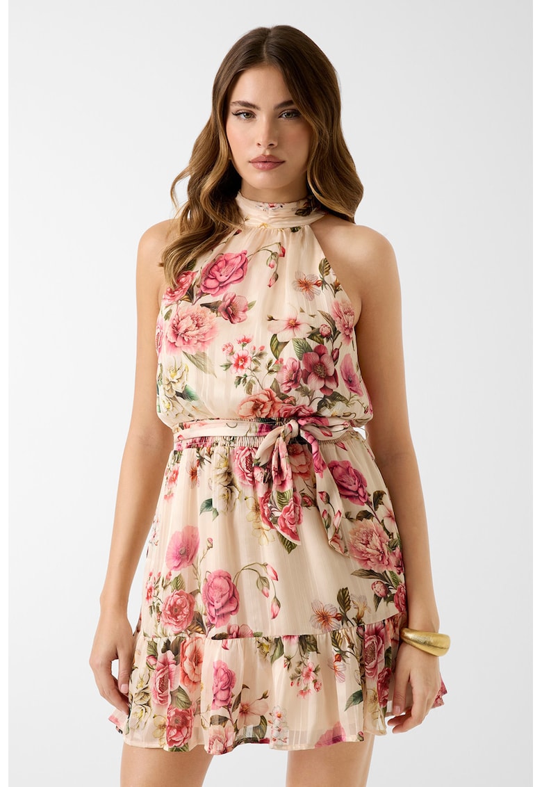Rochie cu model floral si decolteu halter - Rosu/Bej