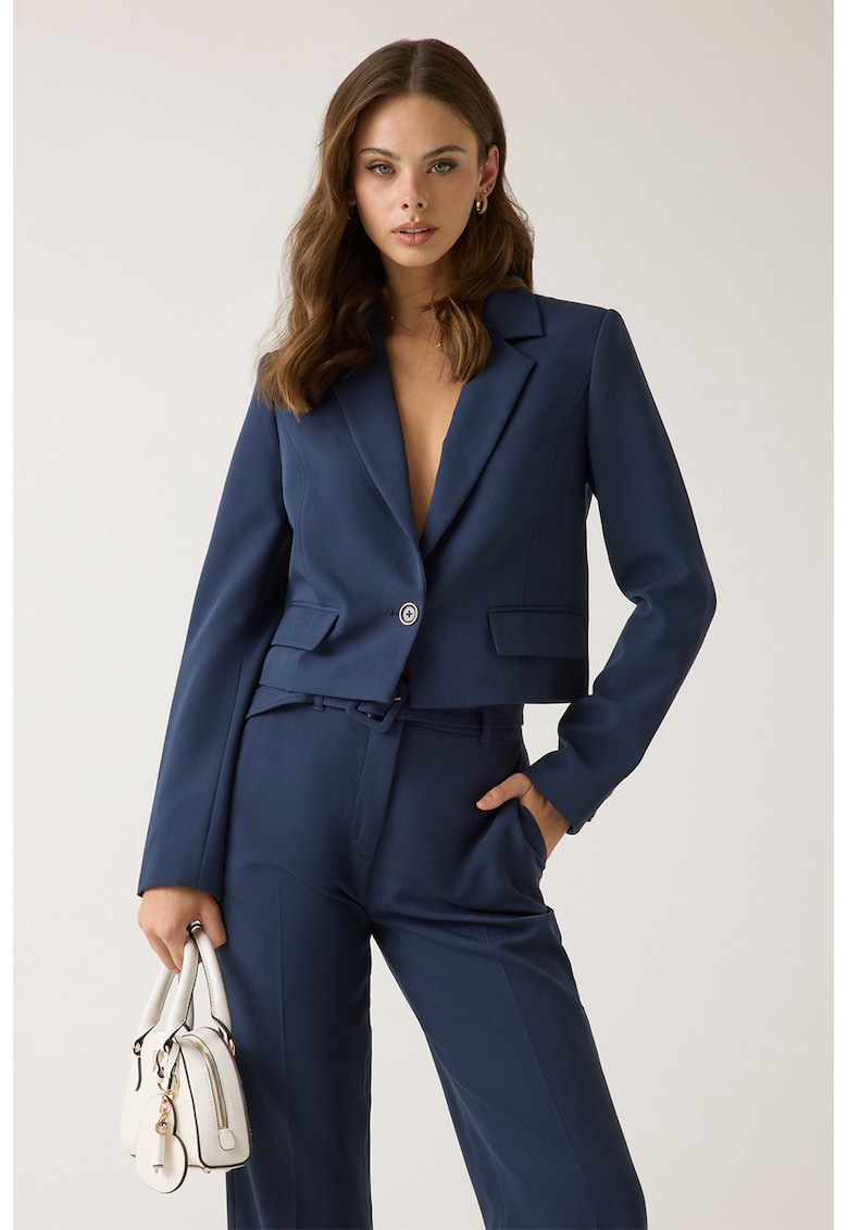 Sacou crop cu model uni si buzunare cu clapa - Bleumarin