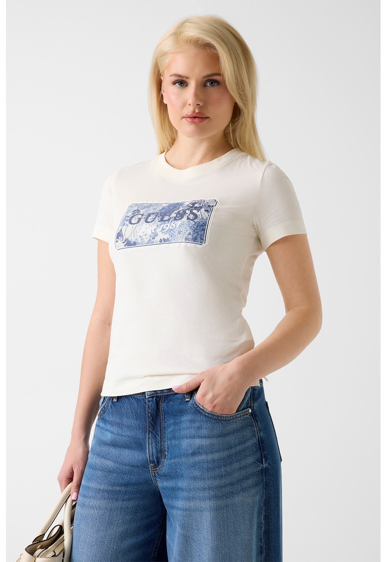 Tricou slim-fit cu imprimeu logo - Alb fildes/Albastru indigo