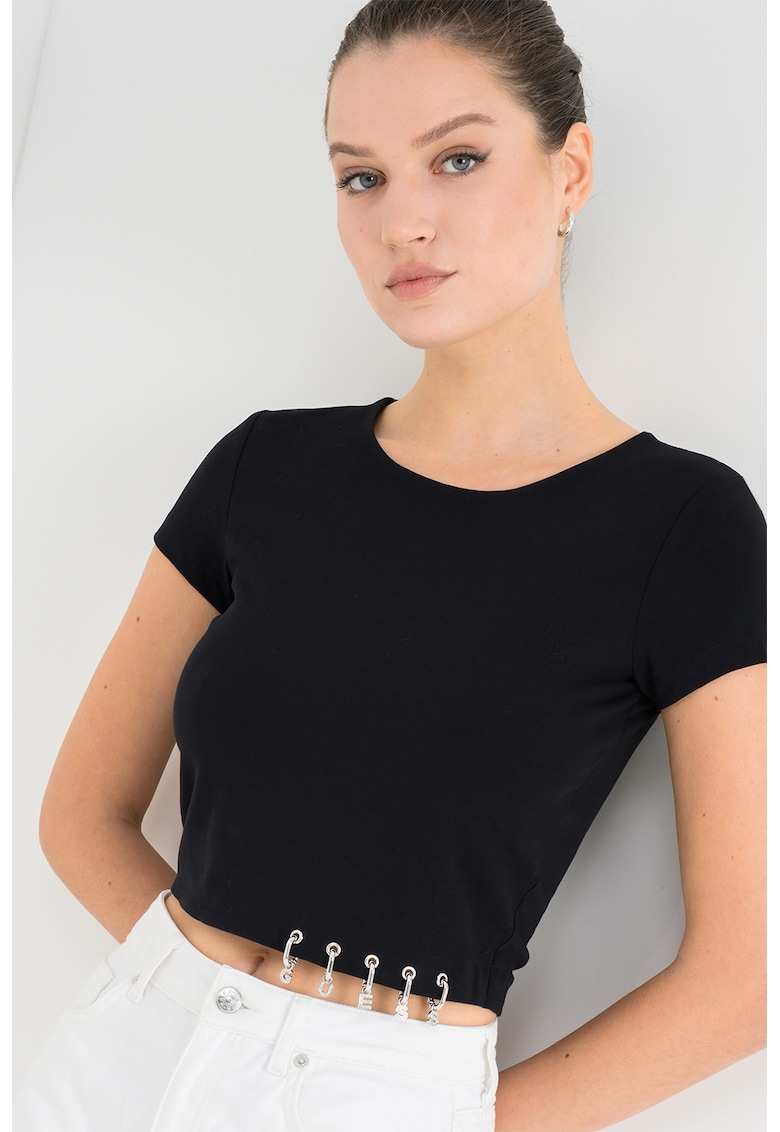 Tricou crop cu design logo metalic - Negru