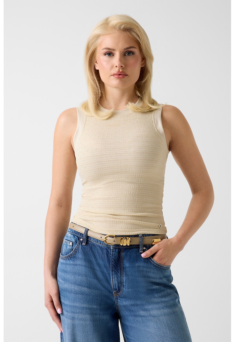 Top slim-fit cu aplicatii din strasuri - Maro camel