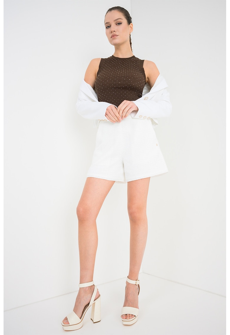 Top slim-fit cu aplicatii din strasuri - Maro inchis