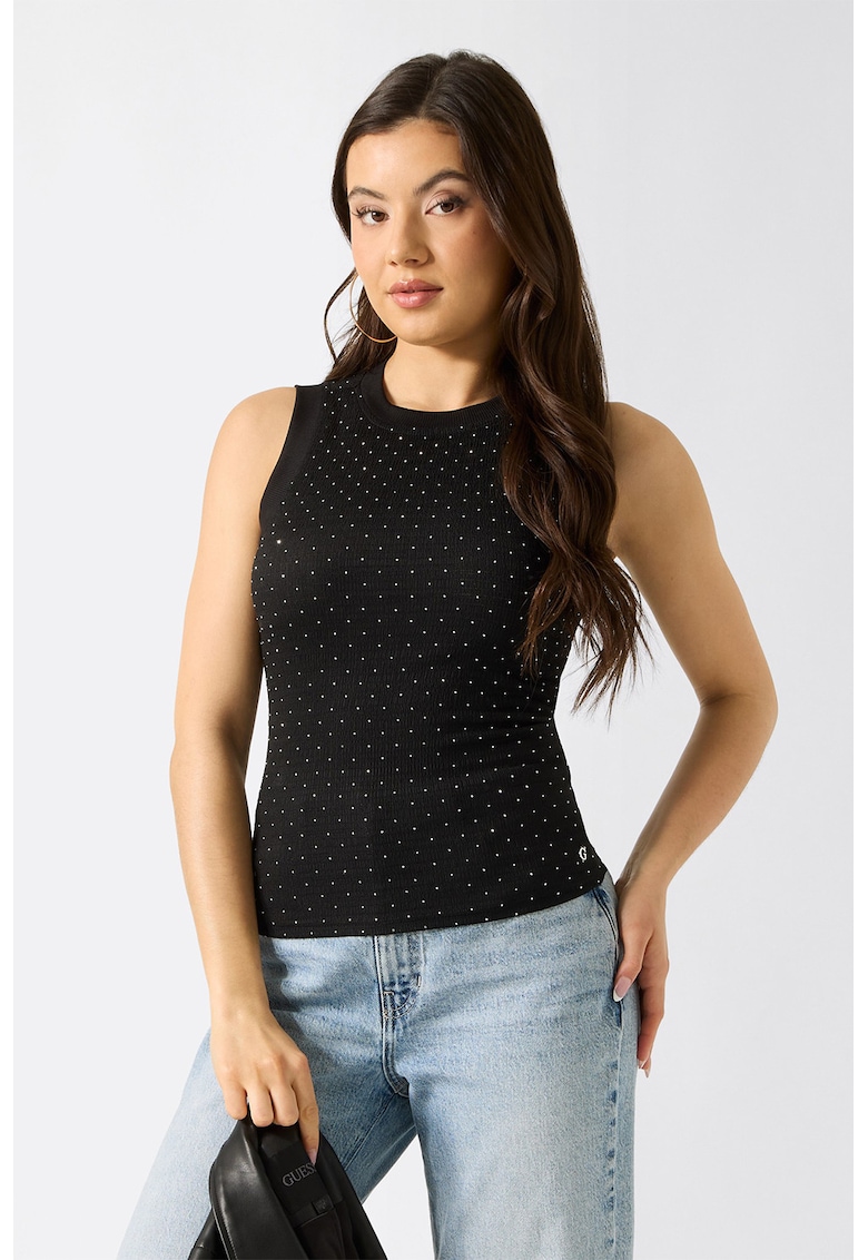 Top slim-fit cu aplicatii din strasuri - Negru/Argintiu