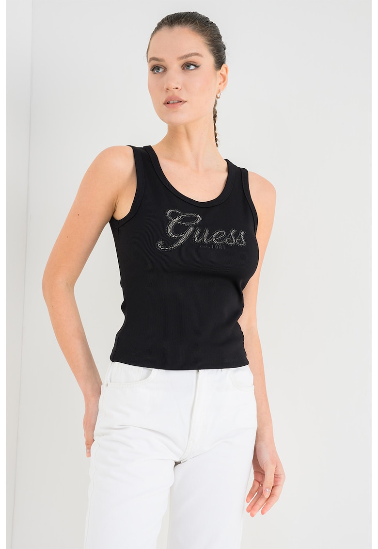 Top slim-fit cu striatii si logo - Negru