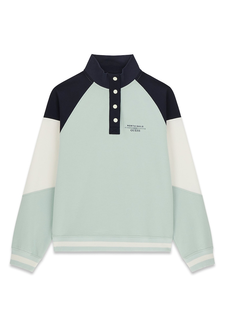 Bluza de trening cu model colorblock si fenta cu nasturi - Alb/Verde menta